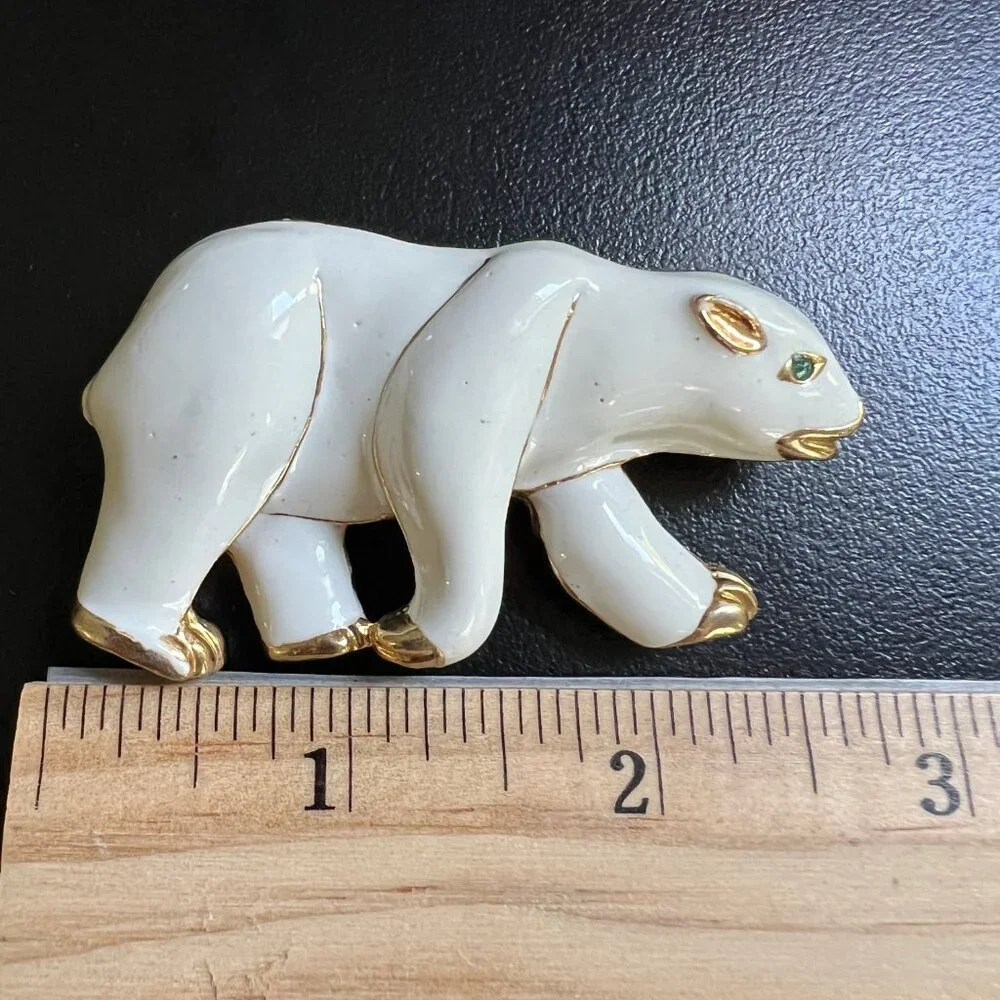Vintage Enamel Bear Brooch Gold Tone Accents Green Crystal Eye‎ Pin
